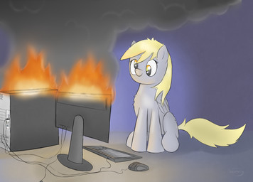 amber_eyes blonde_hair computer computer_keyboard cutie_mark electronics eyelashes feathered_wings feathers female feral fire fur grey_body grey_feathers grey_fur hair keyboard long_hair monitor sitting smile smoke solo wings yellow_eyes sunset-haste friendship_is_magic hasbro my_little_pony mythology derpy_hooves_(mlp) equid equine mammal mythological_creature mythological_equine pegasus hi_res