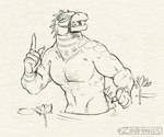 anthro chest_tattoo claws facial_markings gesture hand_gesture happy head_markings male markings mask_(marking) mouth_strap muscular muscular_male muzzle_(object) muzzled nude open_mouth partially_submerged pointing solo tattoo teeth zinthings dislyte lilith_games daylon_(dislyte) crocodile crocodilian reptile scalie