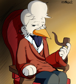 accessory anthro beak bottomwear chair clothing female furniture hair half-closed_eyes jacket male narrowed_eyes necktie pants shirt sitting smoking_pipe solo stylish suit topwear sirmega avian bird chicken galliform phasianid hi_res