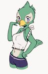 anthro avian beak bird bird_body_(nintendo_switch_sports) birdgummies blush bottomwear breasts clothed clothing eyelashes female green_body looking_at_viewer midriff multicolored_body nintendo nintendo_sports nintendo_switch_sports parrot purple_eyes shorts simple_background solo topwear two_tone_body white_background