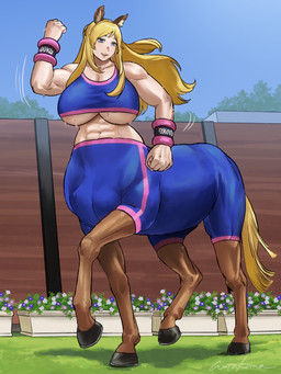 abs big_breasts blonde_hair blue_eyes bodily_fluids bra breasts brown_body brown_fur clothed clothed_taur clothing exercise exercise_clothing female fur hair hooves horse_ears horse_tail huge_breasts long_hair muscle_tone outside solo sports_bra standing sweat taur_clothing training_weights under_boob underwear unknown_artist european_mythology greek_mythology mythology estelle_bellegarde centaur equid equid_taur humanoid_taur mammal mammal_taur taur 3:4 hi_res