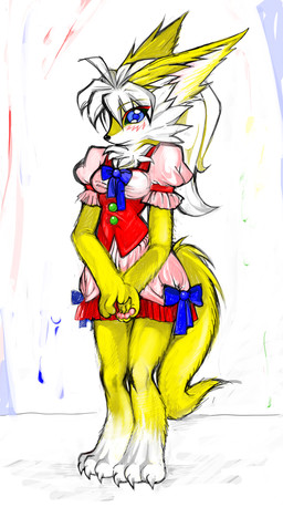 anime_style anthro bangs blush breasts clothed clothing female fur hair kemono looking_at_viewer simple_background solo tail white_hair yellow_body yellow_fur yogurt200 rgb_paw canid canine fox mammal absurd_res digital_media_(artwork) hi_res
