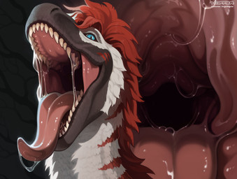 ambiguous_gender anthro blue_eyes bodily_fluids drooling fangs feathers feral fur gaping_mouth mouth_shot open_mouth pink_mouth red_body red_fur saliva scales scar snout solo spikes teeth throat tongue tongue_out vore white_body white_fur hoffersanchez avian bird dinosaur dromaeosaurid prehistoric_species reptile saurischian scalie theropod utahraptor hi_res