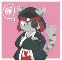 anthro asian_clothing black_clothing black_headdress black_kimono blush bodily_fluids border bottomwear clothing crossed_arms east_asian_clothing emanata eye_patch eyewear fingers frustrated frustration_cloud fur grey_body grey_fur japanese_clothing kimono male pants pink_background red_bottomwear red_clothing red_pants serious simple_background solo speech_bubble sweat tail white_border young young_anthro young_male kopel_doppel bemani konami pop'n_music kagetora_(pop'n_music) felid mammal pantherine tiger 2025 hi_res