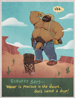 anthro armpit_hair armpit_tuft aroused aroused_male balls barazoku beard beer_belly belly belly_hair belly_tuft belt biceps big_belly big_muscles big_pecs big_penis blue_bottomwear blue_clothing blue_jeans blue_pants blue_sky bodily_fluids body_hair boots bottomwear brown_armpit_hair brown_beard brown_belt brown_body brown_boots brown_clothing brown_facial_hair brown_footwear brown_fur brown_gloves brown_handwear brown_hat brown_headwear brown_mustache brown_pubes brown_sideburns cactus clothed clothing cloud cloudy_sky cowboy cowboy_boots cowboy_hat cowboy_outfit denim denim_bottomwear denim_clothing desert dialogue erection eyes_closed facial_hair footwear fur genital_fluids genitals gloves green_clothing green_kerchief gun gun_holster gun_on_thigh handgun handwear happy_trail hat headgear headwear jeans kerchief lasso macro macro_anthro macro_male male male_peeing manly mature_anthro mature_male mesa_(landscape) musclegut muscular muscular_anthro muscular_arms muscular_male muscular_thighs mustache nature nature_background nipples old_west omorashi open_belt open_bottomwear open_clothing open_pants outside overweight overweight_anthro overweight_male pants pecs peeing peeing_in_water peeing_into_container peeing_into_water peeing_while_erect penis penis_poking_out pistol pistol_holster plant pubes ranged_weapon relieved rope sand shoes sideburns sky solo speech_bubble sweat sweatdrop sweaty_arms sweaty_belly sweaty_body sweaty_chest sweaty_face sweaty_genitalia sweaty_penis text thick_arms thick_penis thick_thighs topless topless_anthro topless_male tuft unbuckled_pants unzipped unzipped_clothing unzipped_pants urine urine_from_penis urine_stream vein veiny_penis water_tower watersports weapon weapon_holster weapon_on_hip wild_west yellow_urine zipper dramamine scruffy_(scruffybeast) bear mammal ursine absurd_res english_text hi_res