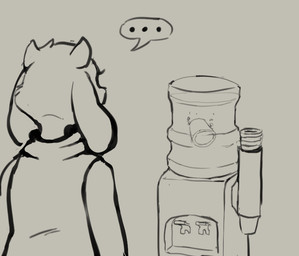 2_horns ambiguous_gender anthro clothed clothed_anthro clothing container cup ellipsis eyelashes horn humor looking_at_object rear_view solo speech_bubble water_cooler muhny deltarune undertale_(series) toriel boss_monster_(undertale) bovid caprine goat mammal watercooler_(deltarune) 2025 digital_drawing_(artwork) digital_media_(artwork) english_description greyscale monochrome female_(lore)