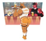 alcohol anthro beer beverage big_butt blep bottomwear butt clothing container cup food footwear glass glass_container glass_mug group holding_container holding_cup holding_mug holding_object holding_tray hooters_uniform hotpants legband looking_at_viewer looking_back looking_back_at_viewer male male_focus money mug muscular muscular_anthro muscular_male narrowed_eyes restaurant serving serving_alcohol serving_beverage serving_food serving_tray shirt shoes shorts smile socks standing tank_top text text_on_clothing text_on_shirt text_on_tank_top text_on_topwear thighband tongue tongue_out topwear tray trio waiter working bit-bite himbo_hooters hooters pj_(pittiepj) scott_(bit-bite) canid canine canis domestic_dog fish hybrid mammal marine pit_bull shark himbo 2021 english_text hi_res