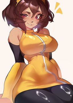 anthro bedroom_eyes big_breasts breasts brown_hair cat_tail clothing female hair looking_at_viewer narrowed_eyes red_eyes seductive short_hair small_waist smile solo thick_thighs whiskers wide_hips suliavtuber gameoverse glitch_productions kit_bodega domestic_cat felid feline felis mammal absurd_res hi_res