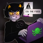 1:1 2022 5_fingers absurd_res alien bed computer darkynsfw electronics english_text fingers furniture hi_res homestuck karkat_vantas laptop lying male ms_paint_adventures on_back profanity red_eyes teeth text troll_(homestuck) yellow_sclera