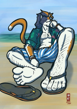 anthro athletic barefoot beach body_hair bracelet clock clothed clothing facial_hair feet flip_flops foot_focus footwear hair humanoid_feet jewelry long_hair male nails open_clothing open_shirt open_topwear outside plantigrade sandals shirt shoes sitting solo toenails toes topwear watch wristwatch rocko_(artist) epic_games fortnite meowscles domestic_cat felid feline felis mammal hi_res