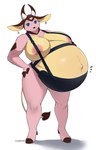 anthro areola belly belly_harness big_belly big_breasts blue_eyes breasts ear_piercing ear_ring female hooves horn huge_belly huge_breasts looking_at_viewer mostly_nude nipples piercing pink_areola pink_body pink_nipples pregnant pregnant_anthro pregnant_female ring_piercing simple_background smile solo white_background yellow_body bahnbahn nintendo pokemon fan_character panna_(bahnbahn) generation_2_pokemon miltank pokemon_(species) absurd_res hi_res signature