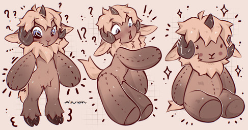 ambiguous_gender anthro blonde_hair blue_eyes brown_body brown_fur brown_hair crotch_tuft fur hair hooved_toes hooves looking_down motion_lines navel open_mouth plushie plushification question_mark shocked simple_background solo standing transformation transformation_sequence tuft alivion oran_(hendak) bovid caprine mammal sheep 2025 colored digital_drawing_(artwork) digital_media_(artwork) hi_res