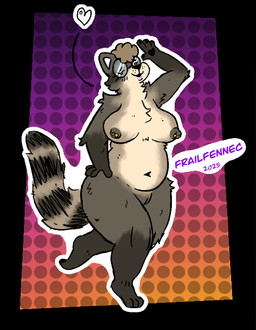 anthro bedroom_eyes belly brown_hair curly_hair dancing eyewear female fluffy fluffy_tail fur glasses gold_(metal) gold_jewelry hair jewelry lipstick lower_lip makeup multicolored_body multicolored_fur narrowed_eyes nipple_piercing nipples nude nude_female paws piercing pose raised_paw seductive slightly_chubby slightly_chubby_anthro slightly_chubby_female smug solo tail frailfennec ember_ashwood_(frailfennec) mammal procyonid raccoon hi_res pinup