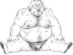 anthro asian_clothing belly big_belly clothing east_asian_clothing japanese_clothing kemono male mawashi moobs navel nipples overweight overweight_male simple_background sitting solo sumo sumo_wrestler yamakake canid canine canis domestic_dog mammal 2022 monochrome