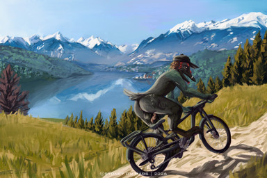 anthro bicycle black_body black_feathers clothing day evergreen_tree exhibitionism feathers genitals green_body green_feathers hat headgear headwear lake landscape light looking_at_viewer male mountain mountain_bike nude painterly penis pine_tree plant public public_nudity smile snow_cap solo spiral_penis sunlight tree vehicle sydney_onmars alps anatid anseriform avian bird duck 3:2 absurd_res digital_media_(artwork) digital_painting_(artwork) hi_res painting_(artwork)