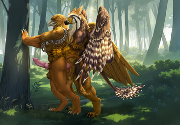anal anal_penetration anthro anthro_on_anthro anthro_penetrated anthro_penetrating anthro_penetrating_anthro armor balls behind_another behind_tree clenched_eyes dominant dominant_anthro dominant_male erection eyes_closed forest genitals king_eve_(golden_axe_3) knot male male/male muscular muscular_anthro outside penetration penis plant raised_tail sex side_view smug_face smug_grin spread_wings standing standing_sex tail tree wings dead.akira avian bird falcon falconid lanner_falcon