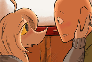 anthro bald black_eyes blonde_hair blue_clothing blue_hoodie blue_topwear blush clothed clothed_anthro clothed_female clothed_human clothed_male clothing duo eye_contact eyebrow_through_hair eyebrows female fingers freckled_face freckles green_clothing green_jacket green_topwear hair hand_on_cheek hoodie human_on_anthro humanoid_hands interspecies jacket long_hair looking_at_another male male/female romantic romantic_couple side_view topwear translucent translucent_hair white_body wide_eyed yellow_sclera joebamna cavemanon_studios puppet_pals snoot_game anon_(snoot_game) fan_character judee dinosaur human mammal prehistoric_species reptile saurischian scalie theropod troodon troodontid 2025 absurd_res colored hi_res shaded