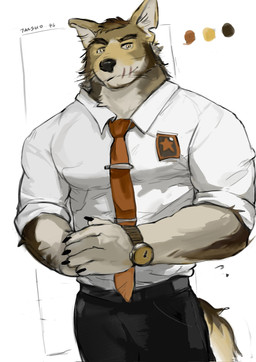 5_fingers anthro black_nose claws clock clothed clothed_anthro clothed_male clothing facial_scar fingers fur humanoid_hands male scar tan_body tan_fur watch wristwatch tansuooooo echo_(series) echo_project the_smoke_room william_adler canid canine canis coyote mammal hi_res