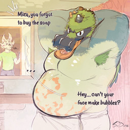 admiring anthro armpit_tuft athletic bath_towel bathroom belly big_arms big_belly bottomwear clothing countershade_torso countershading doorway duo ears_up facial_tuft faucet first_person_view green_clothing green_shirt green_topwear hands_behind_own_head horn looking_at_another looking_at_viewer male markings mirror mirror_reflection moobs multicolored_body open_mouth overweight overweight_male pawpads pose propositioning raised_arms reflection shell shirt shorts shower_curtain sink size_difference standing_in_doorway text topwear towel towel_around_waist towel_only tuft two_tone_body spooky_dune capcom monster_hunter mythology amphibian_(mh) dragon leviathan_(mh) mizutsune mythological_creature mythological_scalie scalie tetranadon 1:1 english_text hi_res signature
