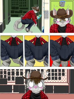 ambiguous_gender anthro biped bodily_fluids bottomwear clothed clothing collared_shirt cowboy_hat crouching denim denim_bottomwear denim_clothing desperation diaper diaper_bulge diaper_under_clothing fur furgonomic_bottomwear furgonomic_diaper furgonomics genital_fluids giving_up_the_ghost green_eyes grey_body grey_fur hat headgear headwear jeans leaking_diaper nervous nervous_sweat o_o omorashi pants shirt solo striped_body striped_fur stripes sweat topwear unclean_diaper urine urine_drip urine_meter used_diaper using_diaper wearing_diaper wet_diaper wetting wetting_bottomwear wetting_diaper sonpop felid feline mammal 2026 3:4 comic digital_drawing_(artwork) digital_media_(artwork) hi_res