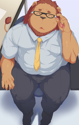 anthro belly bodily_fluids bottomwear brown_body bulge clothing detailed_background eyewear glasses humanoid_hands kemono male necktie overweight overweight_male pants shirt sitting solo sweat topwear gattatta felid lion mammal pantherine 2015 hi_res