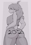 anthro big_butt black_text body_writing bottomwear butt clothed clothing crop_top denim denim_bottomwear denim_clothing female grey_background grey_body grey_bottomwear grey_clothing grey_crop_top grey_hair grey_jeans grey_pants grey_shirt grey_skin grey_topwear grin hair hair_over_eyes hands_on_hips hidden_eyes holidays jeans long_hair looking_back low-angle_view number number_on_bottomwear number_on_clothing obscured_eyes pants rear_view shirt short_tail simple_background smile smirk snout solo tail teeth teeth_showing text text_on_bottomwear text_on_clothing text_on_pants tight_bottomwear tight_clothing tight_jeans tight_pants topwear writing_on_butt demidoggo deltarune new_year new_year_2025 undertale_(series) susie_(deltarune) reptile scalie 2025 digital_drawing_(artwork) digital_media_(artwork) greyscale hi_res monochrome