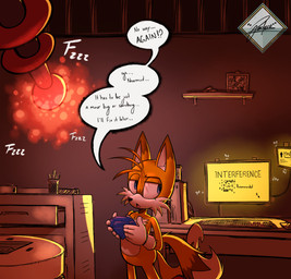 anthro blue_gem chaos_emerald clothing computer computer_keyboard computer_monitor dialogue electronics fur gem gloves growth_ray handwear laboratory laser male red_light scientific_experiment solo speech_bubble tail text yellow_body yellow_fur yellow_light pacheco sega sonic_the_hedgehog_(series) miles_prower canid canine fox mammal english_text hi_res sequence