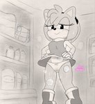 bodily_fluids bottomwear bow_panties bow_underwear clothed clothing clothing_lift female genital_fluids grocery_store inside navel panties peeing public skirt skirt_lift smug smug_face solo underwear upskirt urine wet wet_clothing wet_underwear wetting wetting_bottomwear onechan sega sonic_the_hedgehog_(series) amy_rose eulipotyphlan hedgehog mammal greyscale monochrome