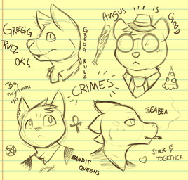 ambiguous_gender anthro cigarette clothing eyewear glasses hat headgear headwear mytigertail night_in_the_woods angus_delaney bea_santello gregg_lee mae_borowski bear canid canine crocodile crocodilian domestic_cat felid feline felis fox mammal reptile scalie 2017 hi_res multiple_images sketch