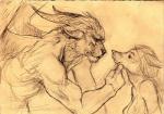 anthro bedroom_eyes breasts duo ear_piercing eye_contact feathered_wings feathers female half-closed_eyes horn looking_at_another male narrowed_eyes piercing seductive smile wings seskata canid canine canis hybrid mammal wolf sketch