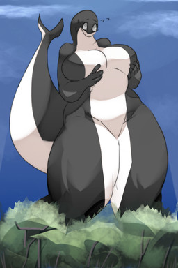 anthro big_breasts biped black_body bodily_fluids body_size_growth breast_squish breasts eyebrows featureless_breasts featureless_crotch female fin forest hand_on_breast hand_on_own_breast holding_breast huge_breasts huge_thighs long_tail macro_anthro macro_female multicolored_body non-mammal_breasts nude outside plant raised_inner_eyebrows size_transformation solo squish standing sweat tail tail_fin thick_tail thick_thighs transformation tree two_tone_body white_body worried psznnp aquatic fish shark 2020 2:3 hi_res