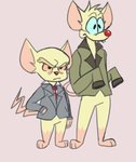 3_toes anthro big_ears big_head blue_eyes buckteeth business_suit clothing duo feet fur hand_in_pocket jacket male necktie pink_eyes pockets red_nose size_difference suit tan_body tan_fur teeth toes topwear peachyydraws animaniacs animaniacs_(2020) hulu pinky_and_the_brain warner_brothers pinky_(warner_brothers) the_brain mammal mouse murid murine rodent 2021