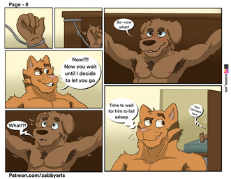 anthro armpit_hair bdsm bed blush body_hair bound cuff_(restraint) dialogue duo eyebrows furniture handcuffs lock male male/male metal_cuffs musk nipples restraints smile text zabby_arts blake_(zabby_arts) tony_(zabby_arts) canid canine canis cougar domestic_cat domestic_dog felid feline felis hyena mammal comic english_text hi_res multiple_scenes url
