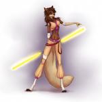 abstract_background anthro biped black_nose breasts brown_body brown_eyes brown_fur brown_hair clothed clothing digitigrade female fur hair jedi lightsaber melee_weapon midriff navel purple_eyes saberstaff solo standing weapon yellow_lightsaber akineza star_wars canid canine mammal hi_res