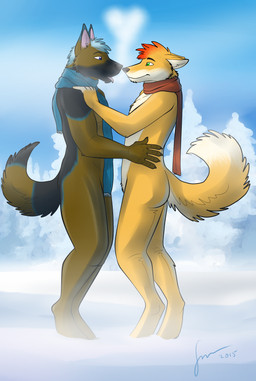 anthro anthro_on_anthro black_body black_fur blue_eyes blue_hair blue_scarf brown_body brown_fur closed_smile duo ears_back eye_contact fur green_eyes hair looking_at_another male male/male male_anthro mouth_closed open_mouth outside pivoted_ears red_hair red_scarf scarf short_hair side_view slim_anthro slim_male smile standing tongue tongue_out white_body white_fur yellow_body yellow_fur hufnaar canid canine mammal 2015 absurd_res dated hi_res signature