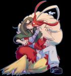 anthro blush clothed clothing duo eyes_closed female hug male dorian-bc nintendo pokemon becky_(dorian-bc) dorian_(dorian-bc) fan_character avian bird blaziken generation_3_pokemon human mammal pokemon_(species) alpha_channel hi_res