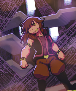 anthro armband biped black_clothing black_jacket black_topwear boots bottomwear building clenched_teeth clothing female fist footwear hair hair_over_eye heart_buckle jacket long_hair pants pink_body pink_skin platform purple_clothing purple_shirt purple_topwear red_bottomwear red_clothing red_hair red_pants shirt shoes solo stained_glass_window studded_armband studs teeth topwear tower yellow_sclera yellow_teeth modeseven deltarune undertale_(series) susie_(deltarune) scalie hi_res