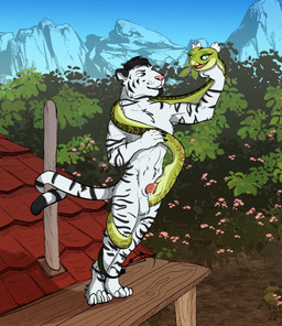 animal_genitalia animal_penis anthro anthro_on_feral anthro_penetrating anthro_penetrating_feral balls bestiality bodily_fluids duo erection eye_contact feet feline_genitalia feline_penis female female_feral female_penetrated feral feral_penetrated fingers fur genital_fluids genitals hair knot knot_in_cloaca knotted_penis knotting looking_at_another male male/female male_anthro male_penetrating male_penetrating_female nude open_mouth outdoor_nudity outside outside_sex penetration penile penile_penetration penile_spines penis penis_in_vagina plant sex smile snake_fleshlight standing standing_sex striped_body stripes tail teeth toes vaginal vaginal_penetration vulva white_body white_fur zafara_(artist) dreamworks kung_fu_panda master_viper felid mammal pantherine reptile scalie snake tiger viper digital_media_(artwork) hi_res