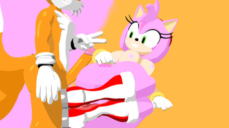 2_tails anthro bodily_fluids boots breasts butt clothing duo eyelashes female footwear fur genital_fluids genitals gesture gloves green_eyes hand_gesture handwear looking_at_genitalia looking_at_penis male male/female multi_tail orange_body orange_fur orange_penis penis pink_body pink_fur precum ring shoes smile standing tail teeth v_sign white_body white_fur bull3t sega sonic_the_hedgehog_(series) amy_rose miles_prower canid canine eulipotyphlan fox hedgehog mammal 16:9 4k absurd_res hi_res widescreen