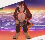 anthro balls beach big_balls brown_body brown_fur claws detailed_background fangs flaccid foreskin fur genitals humanoid_genitalia humanoid_penis looking_at_viewer male nude outside penis pubes scar sea seaside slightly_chubby slightly_chubby_male smile solo standing sunset teeth thick_penis toe_claws tongue tongue_out vein water duskshield kydron canid canine canis mammal wolf 2023 hi_res