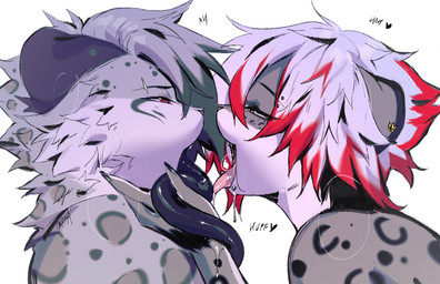 after_kiss anthro anthro_on_anthro black_tongue bodily_fluids cheek_tuft dripping drooling duo facial_tuft femboy femboy/femboy fur grey_body grey_hair hair holding_tongue kissing long_tongue male male/male male_anthro markings multicolored_body multicolored_fur multicolored_hair open_mouth red_hair saliva saliva_bubble saliva_drip saliva_on_tongue short_hair simple_background spots spotted_body tongue tongue_grab tongue_out tuft white_background white_hair crowlix felid mammal pantherine snow_leopard bust_portrait hi_res portrait