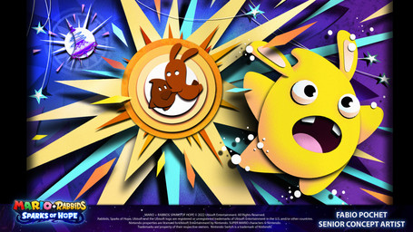 ambiguous_anthro ambiguous_gender anthro black_eyes brown_body buckteeth copyright_symbol empty_eyes explosion featureless_limbs fusion group light long_ears mouthless no_eyebrows noseless open_mouth pink_tongue short_legs space spacestation sparkles star symbol tan_inner_ear teeth text title tongue trio year yellow_body yellow_skin fabio_pochet mario_plus_rabbids_sparks_of_hope nintendo raving_rabbids rayman_(series) ubisoft starburst_(mario_plus_rabbids) lagomorph luma mammal rabbid spark_(mario_plus_rabbids) 16:9 2023 4k absurd_res artist_name colored crossover digital_drawing_(artwork) digital_media_(artwork) english_description english_text hi_res lighting lineless multiple_scenes official_art shaded widescreen