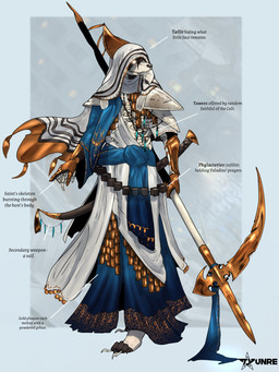 ambiguous_gender anthro armor body_horror bone clothing duo female gauntlets gloves gold_(metal) handwear male melee_weapon multicolored_body pauldron polearm scythe skeleton sword text two_tone_body weapon tyunre ombrelune avian canid mammal 3:4 english_text hi_res