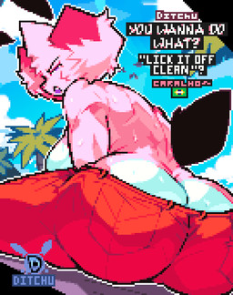 anthro big_breasts big_butt black_ears black_tail blue_sky bottomwear brazilian_flag breasts butt butt_cleavage butt_focus clothed clothing countershade_butt countershading day female female_anthro fur hair logo looking_at_viewer looking_back looking_back_at_viewer multicolored_body multicolored_fur narrowed_eyes outline outside palm_tree pants pants_only pink_body pink_fur pink_hair plant purple_eyes purple_mouth question_mark red_bottomwear red_clothing red_pants scut_tail short_tail sitting sky solo tail text topless topless_anthro topless_female tree white_body white_countershading white_fur white_outline white_sclera ditchu ditchu_(ditchu) lagomorph leporid mammal rabbit artist_logo artist_name digital_media_(artwork) english_text hi_res pixel_(artwork) shaded watermark