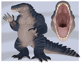 anthro black_claws blue_body blue_scales claws fangs featureless_crotch finger_claws front_view grey_body grey_scales male male_anthro markings mouth_closed mouth_shot muscular muscular_anthro muscular_male nude open_mouth orange_eyes overweight overweight_anthro overweight_male pink_tongue pupils scales simple_background slit_pupils solo standing striped_markings striped_tail stripes tail tail_markings teeth toe_claws tongue swampjaws crocodilian reptile scalie absurd_res hi_res