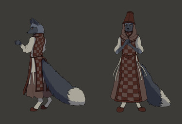 anthro clothing female fur grey_background grey_body grey_fur harlequin hat headgear headwear long_tail looking_at_viewer looking_back medieval_clothing orange_eyes paintbrush_tail secretary simple_background solo standing tail garbagegarage voulpi_viniani_(garbagegarage) canid canine fox mammal 2024 hi_res model_sheet