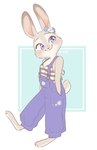 anthro barefoot blue_background blush breasts clothed clothing feet female fully_clothed fur grey_body grey_fur hand_in_pocket overalls pattern_clothing pattern_shirt pattern_topwear pockets shirt simple_background small_breasts smile solo striped_clothing striped_shirt striped_topwear stripes topwear white_background memegmu disney zootopia judy_hopps lagomorph leporid mammal rabbit 2023 digital_media_(artwork) hi_res signature