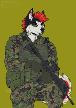 anthro army army_clothing army_outfit army_uniform big_muscles black_body black_fur bottomwear brown_eyes bulletproof_vest camo camo_bottomwear camo_clothing camo_pants camo_print camo_shirt camo_topwear camo_vest chin_piercing clothing ear_piercing fur gloves green_background green_bottomwear green_clothing green_gloves green_handwear green_pants green_shirt green_topwear green_vest grin gun hair handwear holding_gun holding_object holding_ranged_weapon holding_rifle holding_shotgun holding_weapon male manly military military_clothing military_gear military_pants military_uniform military_vest mohawk multicolored_body multicolored_fur muscular muscular_anthro muscular_arms muscular_male muscular_thighs pants pattern_bottomwear pattern_clothing pattern_pants pattern_shirt pattern_topwear pattern_vest piercing pose ranged_weapon red_body red_fur red_hair red_mohawk rifle shirt shotgun shoulder_pads simple_background smile soldier solo standing tactical tactical_belt tactical_gear tactical_gloves tactical_load_carring_vest tactical_pants thick_arms thick_thighs topwear uniform vest warrior weapon white_body white_fur jeanwoof canid canine canis domestic_dog husky mammal nordic_sled_dog spitz hi_res