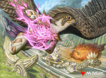 ambiguous_gender anthro beak brown_body brown_feathers chariot_(vehicle) cloud day explosion feathers feral fire flying grass green_body green_scales group looking_up magic male outside plant road rock scales josiahcameron avian bird humanoid reptile scalie snake hi_res