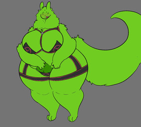 anthro big_breasts blush breasts clothing female fluffy fur green_body green_fur hairy_vulva harness mature_female neck_tuft panties pubes slightly_chubby solo standing tuft underwear cerelyan rain_world videocult saint_(rain_world) slugcat digital_media_(artwork) hi_res tagme